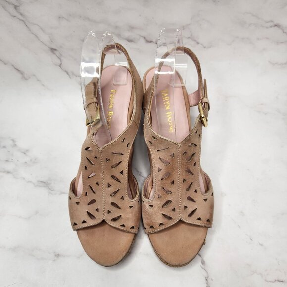 Taryn Rose Tan Leather Espadrille Wedges Sandals Laser Cut W/ Dust Bag 7.5 - Picture 3 of 9
